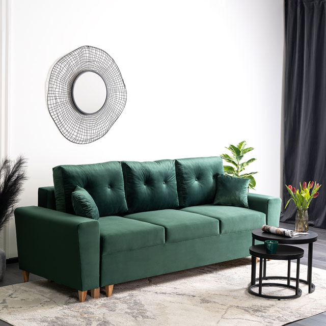 Zielona welurowa sofa z funkcja spania Artaxa