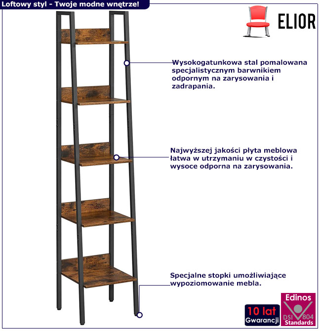 Wąski rustykalny regał z 5 półkami Marinex