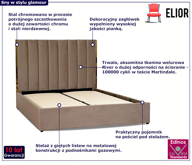 Beżowe welurowe łóżko małżeńskie w stylu glamour Sekros