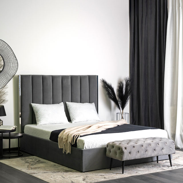 Szare tapicerowane łóżko z zagłówkiem Sekros
