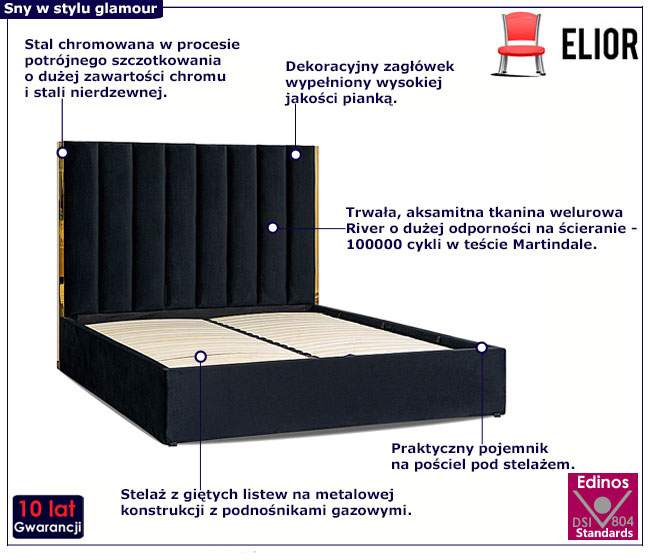 Czarne welurowe łóżko małżeńskie w stylu glamour Sekros