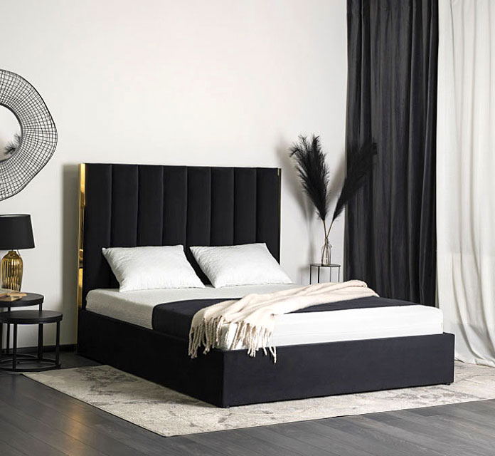 Czarne tapicerowane łóżko z zagłówkiem Sekros