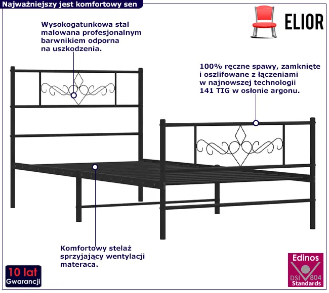 Czarne metalowe łóżko pojedyncze Radina