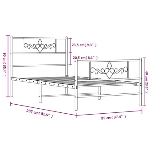 Wymiary łóżka metalowego Gisel 90 cm