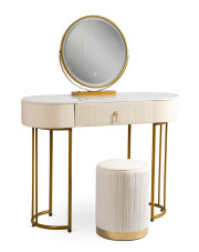 Kremowa toaletka młodzieżowa glamour z lustrem i pufą - Adorva 3X