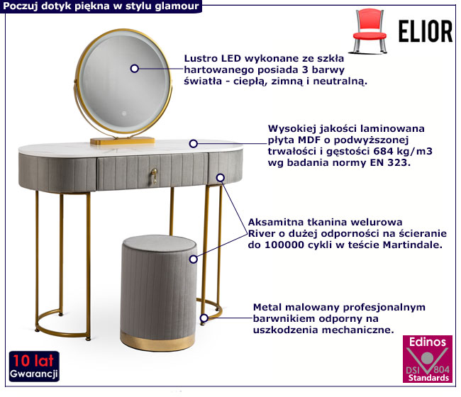 Szara nowoczesna toaletka z lustrem LED Erton 3X