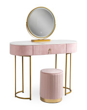 Różowa toaletka młodzieżowa z pufą i lustrem glamour - Adorva 3X