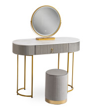 Szara toaletka glamour z lustrem i welurową pufą - Adorva 4X