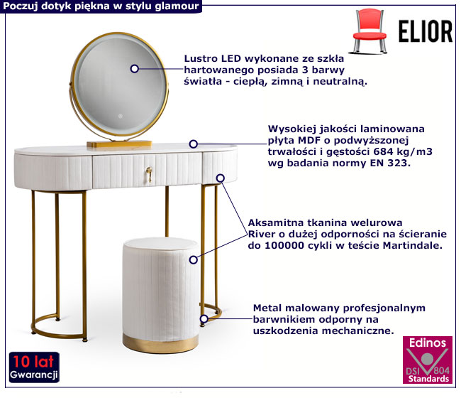 Biała nowoczesna toaletka z lustrem LED Erton 4X