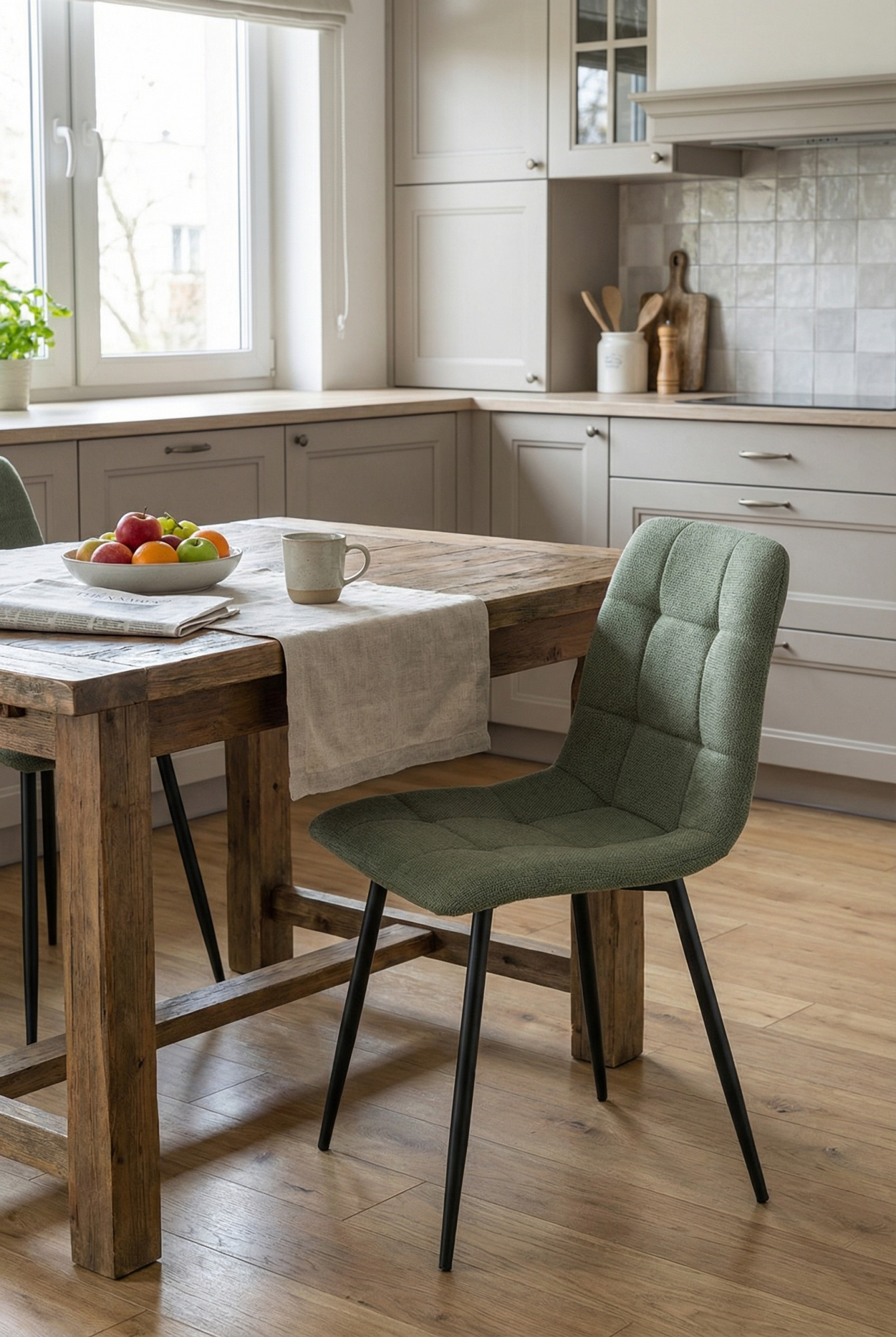 Aranżacja kuchni z pikowanym krzesłem oliwkowym - Magat