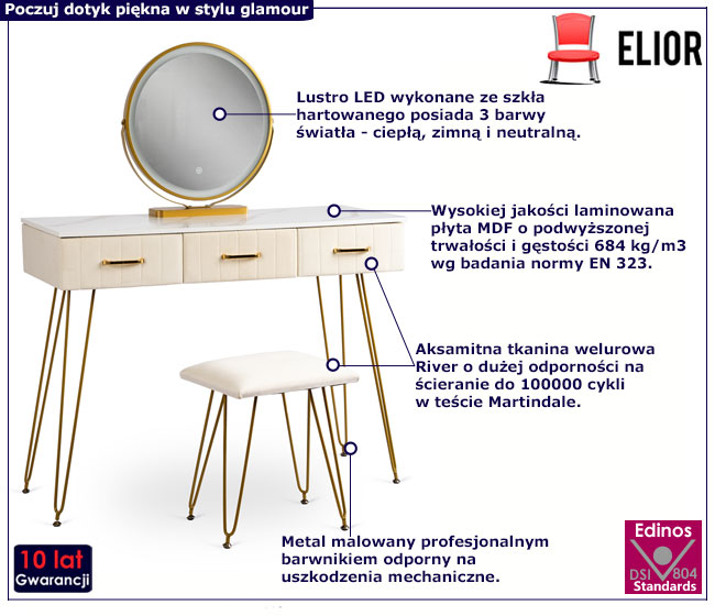 Kremowa nowoczesna toaletka z lustrem LED i taboretem Waxa