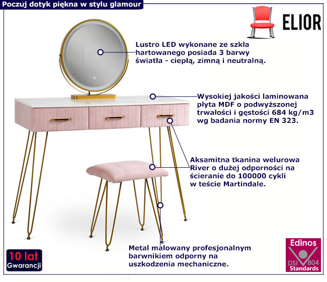 Różowa nowoczesna toaletka z lustrem LED i taboretem Waxa
