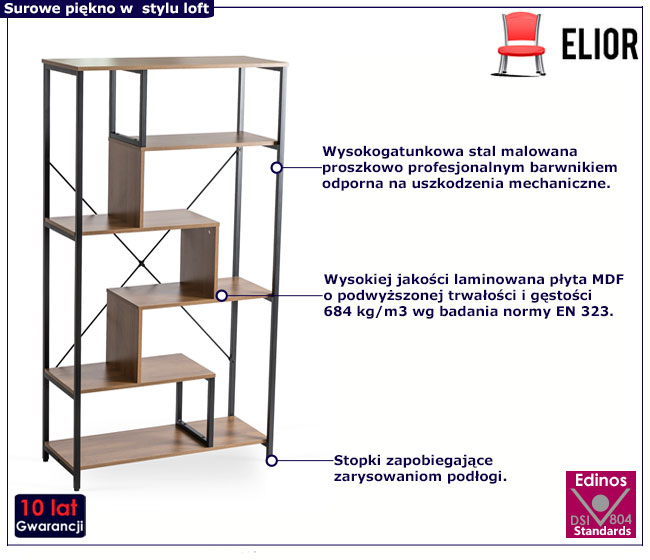 Czarny loftowy otwarty regał z półkami orzech Bonnie