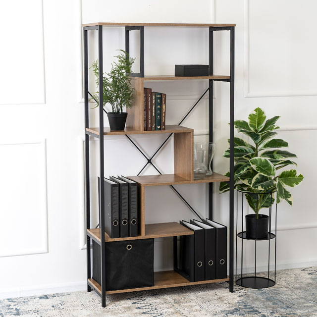 Czarny regał otwarty z półkami orzech Bonnie