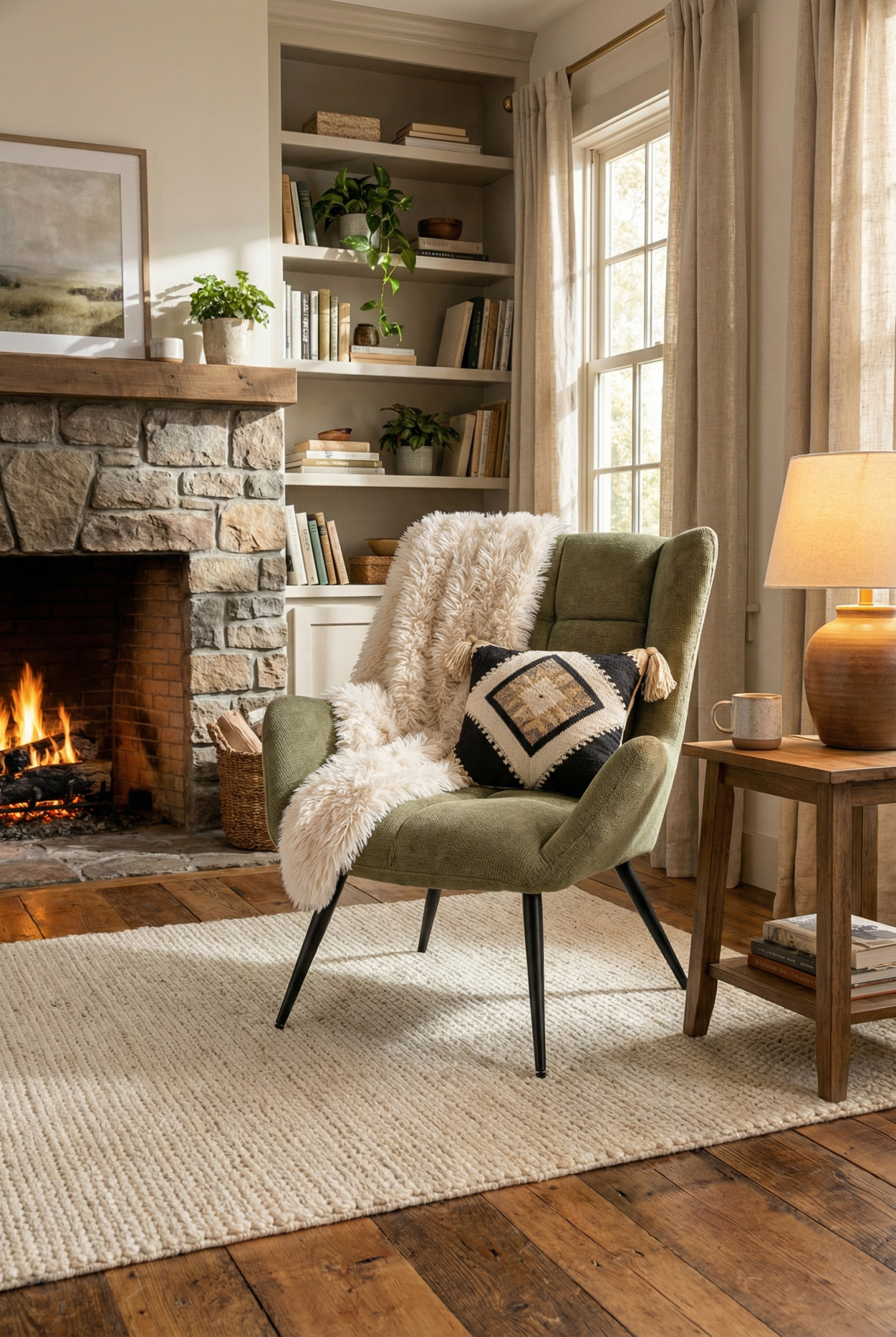 Aranżacja z wykorzystaniem oliwkowego fotela pikowanego Arveno