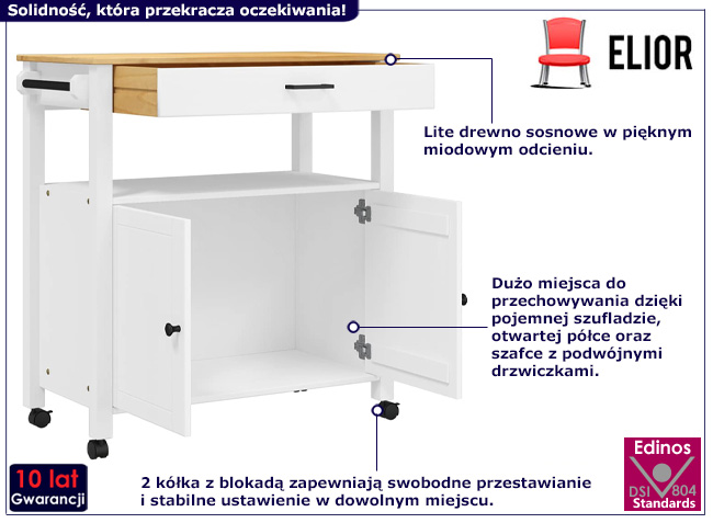 Biały wózek kuchenny z szufladą i drzwiczkami Vienne 3X