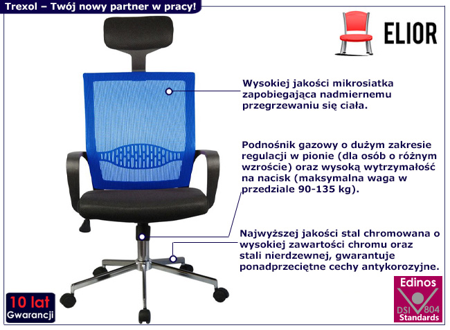 Niebieski fotel ergonomiczny do biurka Trexol