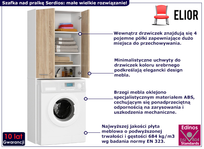 Szafka nad pralkę z drzwiczkami Valuro biały+dąb sonoma