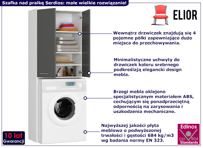 Szafka nad pralkę z drzwiczkami Valuro biały+grafit