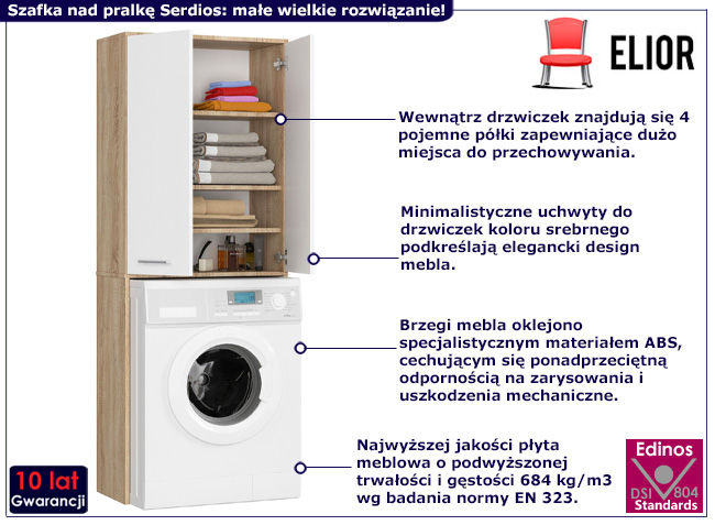 Szafka nad pralkę z drzwiczkami Serdios dąb sonoma+biały