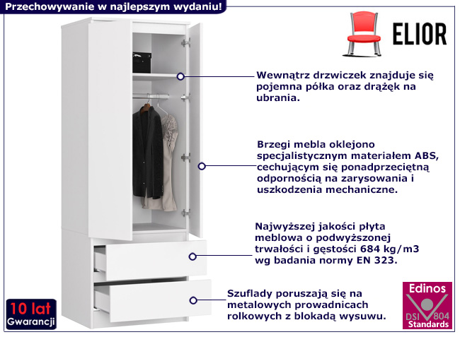 Dwudrzwiowa szafa z szufladami Deris 3X kolor biały