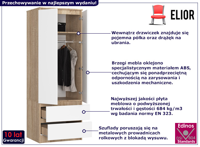 Dwudrzwiowa szafa z szufladami Deris 3X dąb sonoma+biały