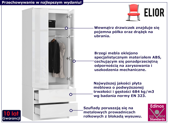 Dwudrzwiowa szafa z szufladami Deris 4X biały połysk