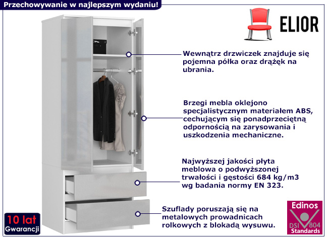 Dwudrzwiowa szafa z szufladami Oferos 4X biały+metalik