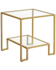 Szklany kwadratowy stolik kawowy złoty z półką - Tivi