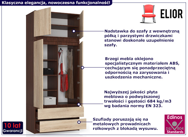 Dwudrzwiowa szafa z nadstawką Sokol 3X wenge+dąb sonoma