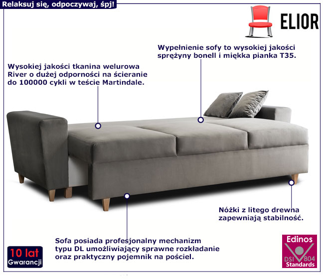 Szara rozkładana sofa 3-osobowa Kanoni