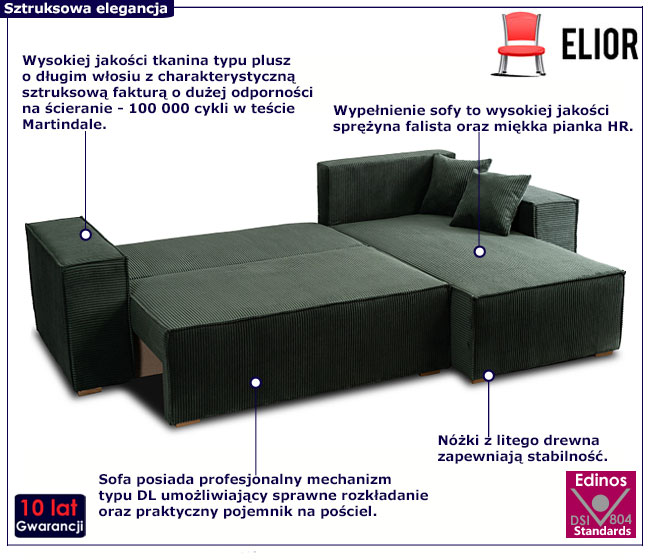Sztruksowy zielony narożnik z funkcją spania Elanor
