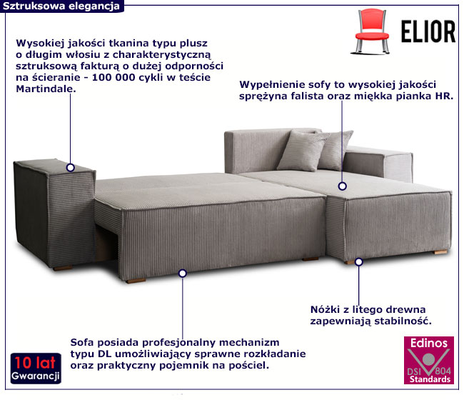 Sztruksowy szary narożnik z funkcją spania Elanor