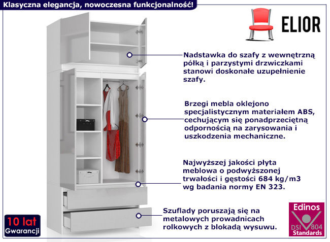Dwudrzwiowa szafa z nadstawką Sokol 4X biały+metalik połysk