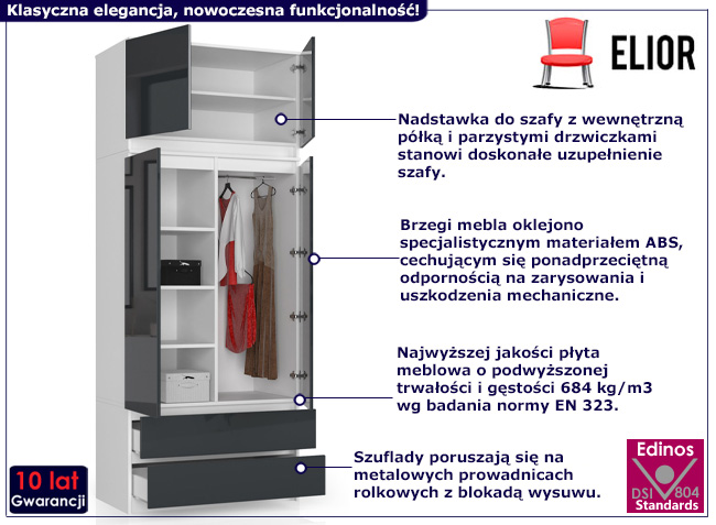 Dwudrzwiowa szafa z nadstawką Enio 4X biały+grafit połysk
