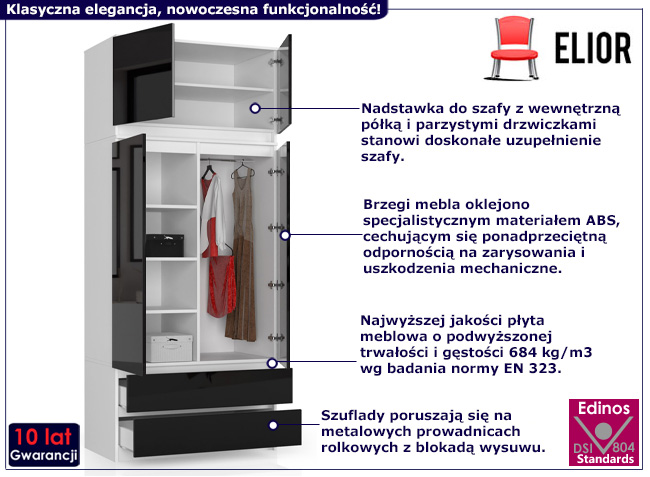 Dwudrzwiowa szafa z nadstawką Sokol 4X biały+czarny połysk