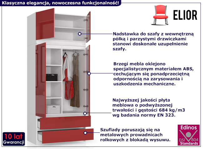 Dwudrzwiowa szafa z nadstawką Ronoti 4X biały+czerwony połysk