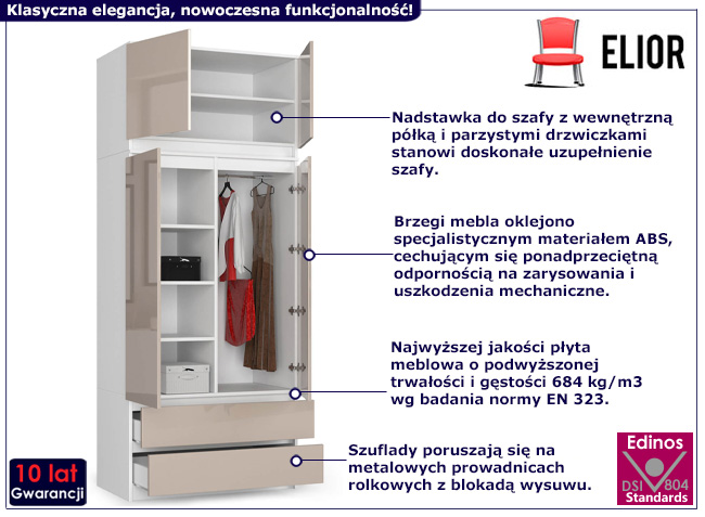 Dwudrzwiowa szafa z nadstawką Enio 4X biały+cappuccino połysk