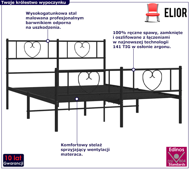 Czarne duże metalowe łóżko Edelos