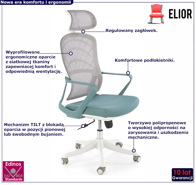 turkusowo-biały obrotowy fotel biurowy Mirea