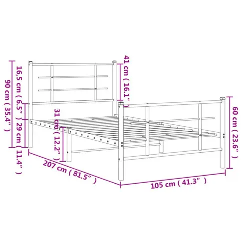 Wymiary metalowego łóżka Estris 100 cm