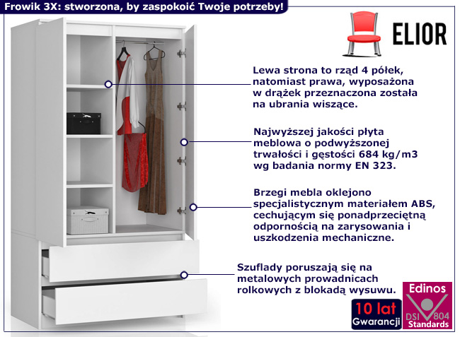 Szafa z drążkiem i półkami Frowik 3X biały