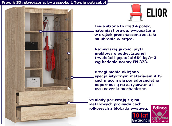 Szafa z drążkiem i półkami Frowik 3X dąb sonoma