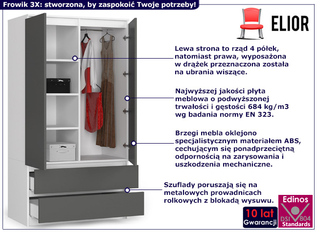 Szafa z drążkiem i półkami Frowik 3X biały+szary