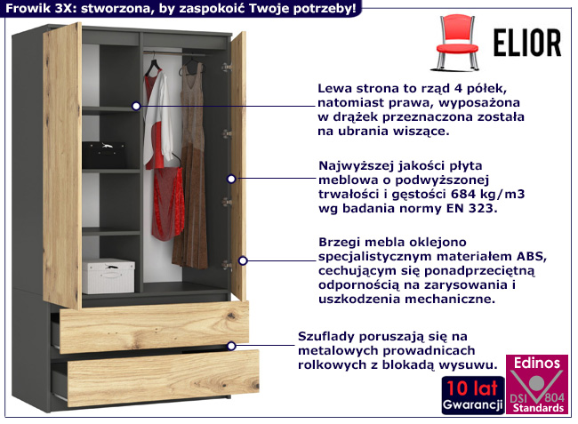 Szafa z drążkiem i półkami Frowik 3X szary+dąb artisan