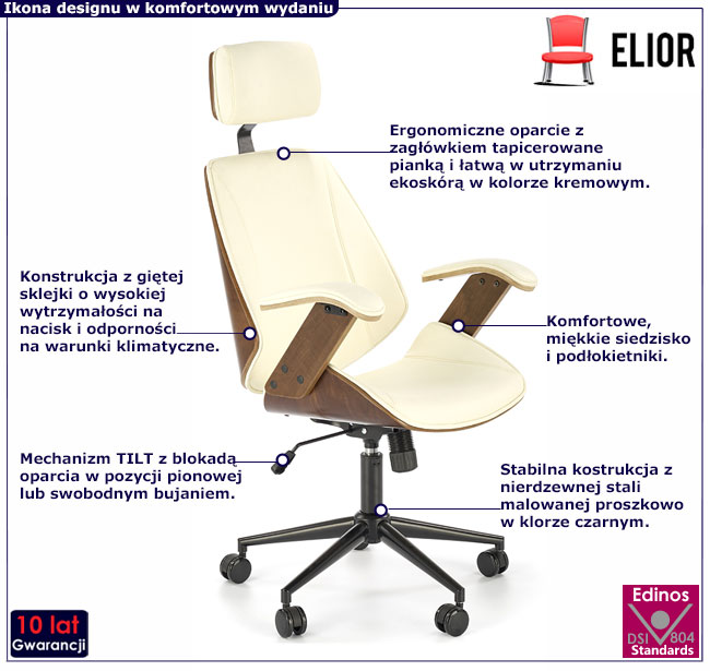 fotel biurowy z giętej sklejki tapicerowany kremową ekoskórą Hano