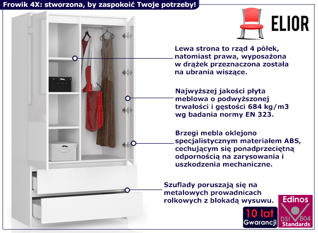 Szafa z drążkiem i półkami Frowik 4X biały połysk