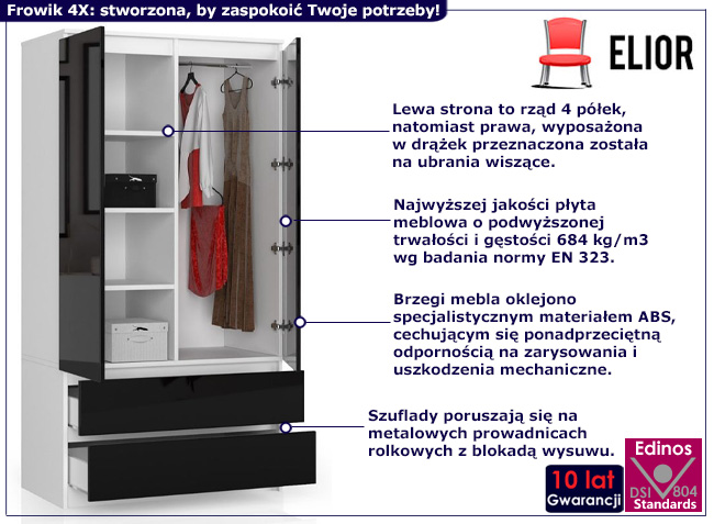 Szafa z drążkiem i półkami Conrad 4X biały+czarny połysk