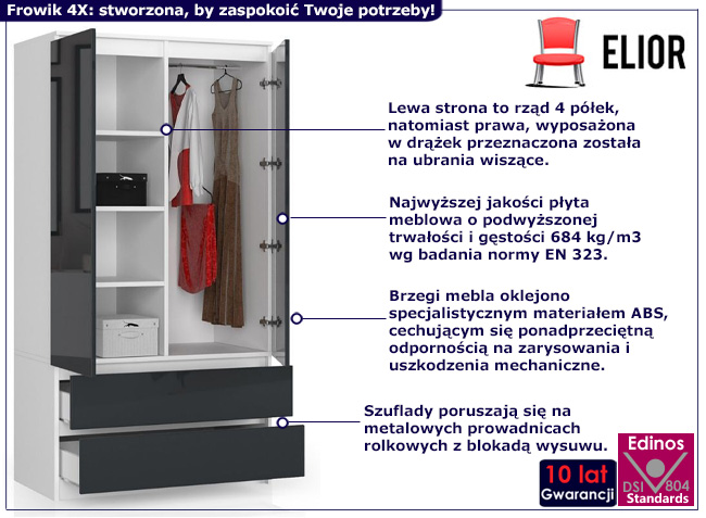 Szafa z drążkiem i półkami Siena 4X biały+grafit połysk