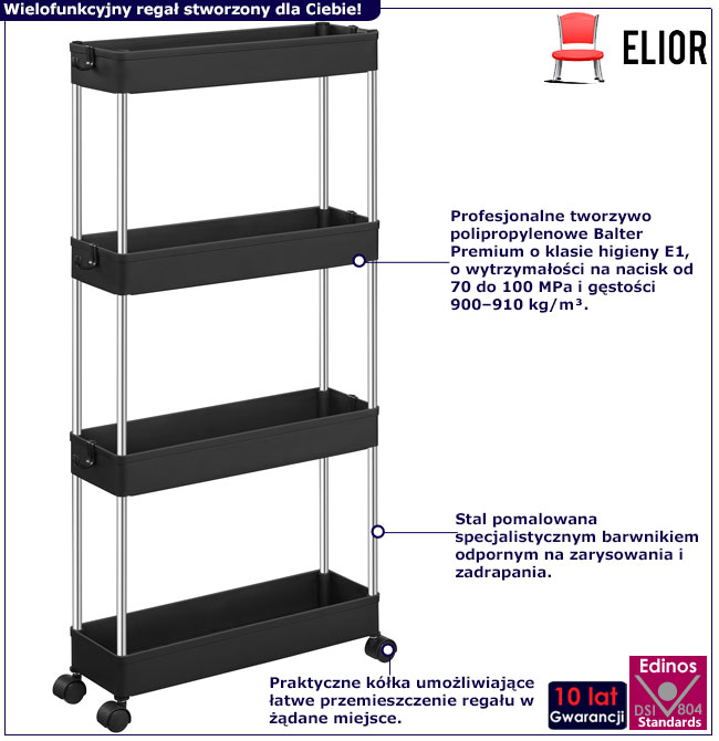 Czarny regał mobilny z 4 półkami Zonex 6X